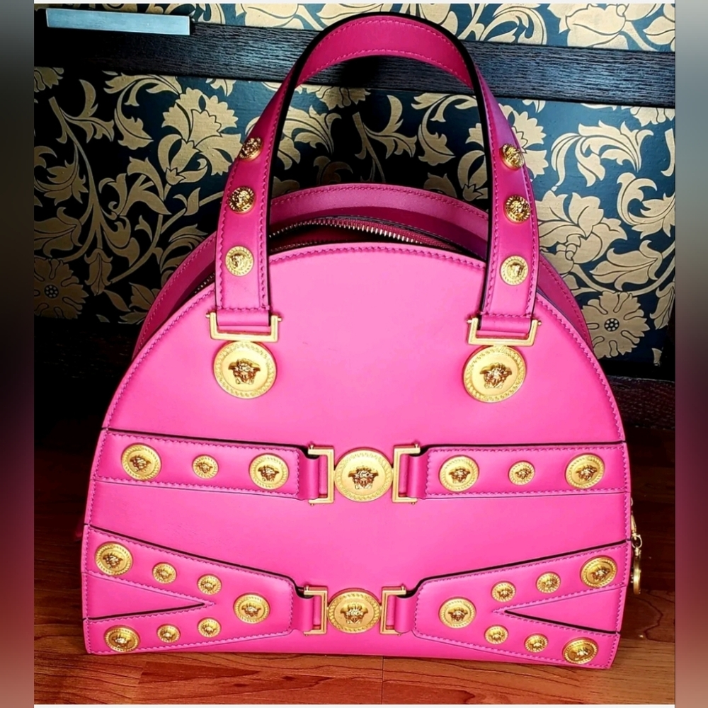 New Versace Womens Bright Pink Leather Tribute Medallion Handbag Shoulder Bag - Picture 2 of 16
